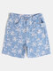 Mens Coconut Tree Print Vacation Cotton Loose Denim Shorts - Blue