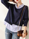 Striped Panel Long Sleeve Lapel Fake Two Pieces Blouse - Navy