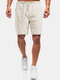 Mens Linen Breathable Solid Color Drawstring Casual Shorts - Khaki