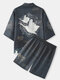 Mens Crane Back Pattern Open Front Kimono Japanese Style Two Pieces Outfits - Dark Gray
