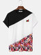 Mens Rose Floral Embroidered Patchwork Loose Short Sleeve T-Shirts - White