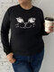 Plus Size Lovely Cat Print O-neck Loose Casual Sweatshirt - Black