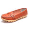 Leather Breathable Hollow Out Soft Sole Women Flat Casual Shoes - Orange