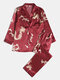 Men Satin Chinese Dragon Print Pajamas Set Patched Sleeve Smooth Breathable Sleepwear Sets - Wine Red