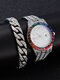 2 Pcs/Set Alloy Men Casual Full Rhinestone Watch Decorated Pointer Calendar Quartz Watch Chain Bracelet - Silver