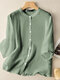Solid Loose Button Half Sleeve Casual Crew Neck Blouse - Green