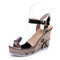 Women Flower Printing Wedges Buckle Ankle Strap Sandals - Champagne