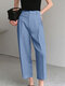 Solid Pocket Straight Leg Crop Pants For Women - Blue