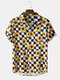 Mens Sunflower Checkered Print Lapel Short Sleeve Shirt - Black