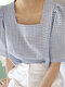 Plaid Print Square Шея Элегантная блузка с короткими рукавами - синий
