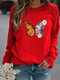 Flower Butterfly Print Long Sleeve Sweatshirt For Women - Red