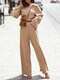 Solid Long Sleeve Wide Leg Pocket Two Pieces Suit - Apricot