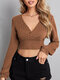 Solid Cable Knit Cross Wrap Long Sleeve V-neck Crop Top - Brown