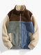 Mens Colorblock Patchwork Stand Collar Zip Up Preppy Plush Jacket - Blue