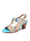 Socofy Holiday Floral Print Bohemian Cowhide Hollow out Low Heel Buckle Opened Chunky Heel Sandals - Blue