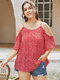 Plus Size Cold Shoulder Calico Tie-up Design Half Sleeves Blouse - Red