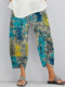 Forest Print Elastic Waist Plus Size Pants for Women - Blue