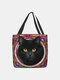 Women Black Cat Pattern Print Shoulder Bag Handbag Tote - Black