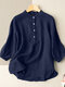 Solid Button Stand Collar 3/4 Sleeve Blouse For Women - Navy