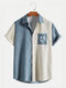 Mens Smile Print Patchwork Chest Pocket Short Sleeve Shirts - Light Blue