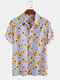 Men 100% Cotton Sunflower Printed Striped Casual Lapel Short Sleeve Shirt - Blue