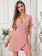V-neck Wrap Design Self-Tie Design Short Sleeves Mini Dress - Pink