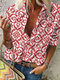 Ethnic Print Long Sleeve Lapel Vintage Shirt For Women - Red