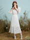 Crochet Lace Hollow Open Back Tie V-neck Puff Sleeve Dress - White