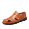 Men Closed Toe Hand Stitching Slip On Leather Sandals - Brown