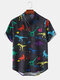 Mens Funny Cartoon Colorful Dinosaur Print Short Sleeve Shirts - Black