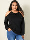 Plus Size Cold Shoulder Spaghetti Strap Lace Long Sleeves T-shirt - Black