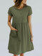 Solid Pocket Ruched Roll Short Sleeve Casual Midi Dress - Army Green
