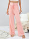 Solid Lace Up High Waist Wide Leg Casual Pants - Pink