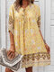 Bohemian Flower Print O-neck Knotted Half Sleeve Women Holiday Dress - Yellow