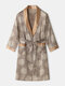 Men Geometric Faux Silk Pajamas Robe Soft Classical Drawstring Loungewear Bathing Suits - Gold