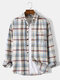 Mens Check Lapel Collar Button Front Casual Long Sleeve Shirts - White