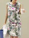 Allover Plants Print Sleeveless Crew Neck Vintage Dress - Pink