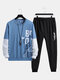 Mens Letter Print Sleeve Stitching Sweatshirt Street Two Pieces Outfits - Blue