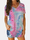 Tie Dye Printed V-neck Short Sleeve Casual T-shirt - #01