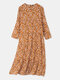 Women Vintage Floral Print O-neck Pocket Long Sleeve Maxi Dress - Yellow