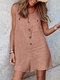 Solid Pocket Button Sleeveless V Neck Casual Romper - Pink