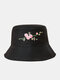 Unisex Cotton Solid Color Plum Bossom Pattern Embroidered Casual Sunshade Bucket Hat - Black