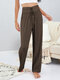 Solid Lace Up High Waist Wide Leg Casual Pants - Coffee