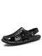Men Hand Stitching Closed Toe Two Ways Wearing Beach Water Casual Leather Sandals - Black
