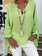 بلوزة طويلة الأكمام سادة اللون فضفاضة برقبة على شكل V للنساء - اخضر فاتح