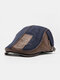 Collrown Men PU Knitted Irregular Patchwork Color Contrast Thick Stitching Casual Beret Flat Cap - Navy