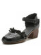 Socofy Genuine Leather Handmade Woven Retro Ethnic Soft Comfy Hook & Loop Mary Jane Floral Heels - Black