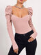 Solid Backless Puff Long Sleeve Square Collar Skinny T-shirt - Pink