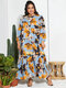 Flower Print Puff Sleeves Big Swing Plus Size Long Dress - Blue