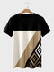 メンズヴィンテージ幾何学カラーブロックパッチワーク半袖Tシャツ - 黒
